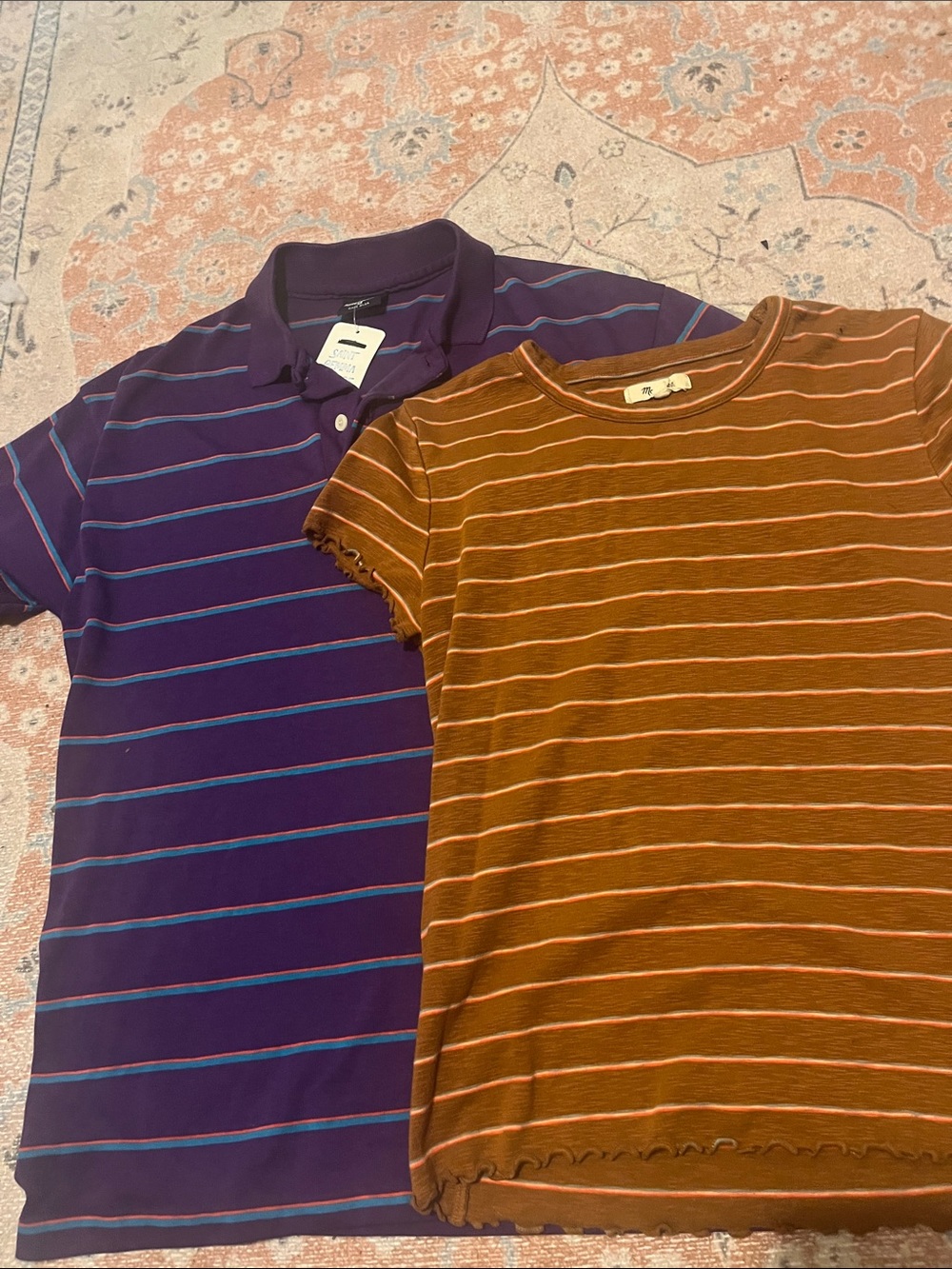 Two retro Striped tops Polo & Rust Orange Striped Tee madewell and vintage